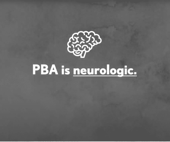 A still from the "How are PBA and Depression Different" video showing an illustrated brain and the text: "PBA is neurologic.