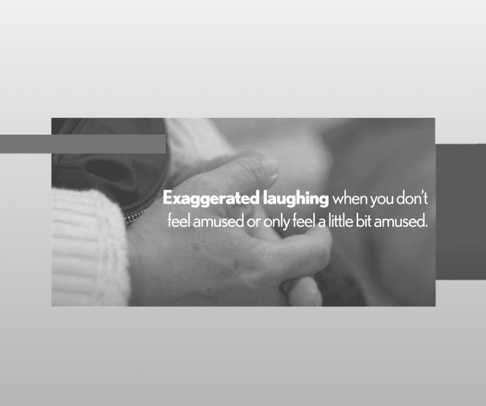 A still from the "What is PBA" video showing clasped hands and the text: "Exaggerated laughing when you don't feel amused or only feel a little bit amused